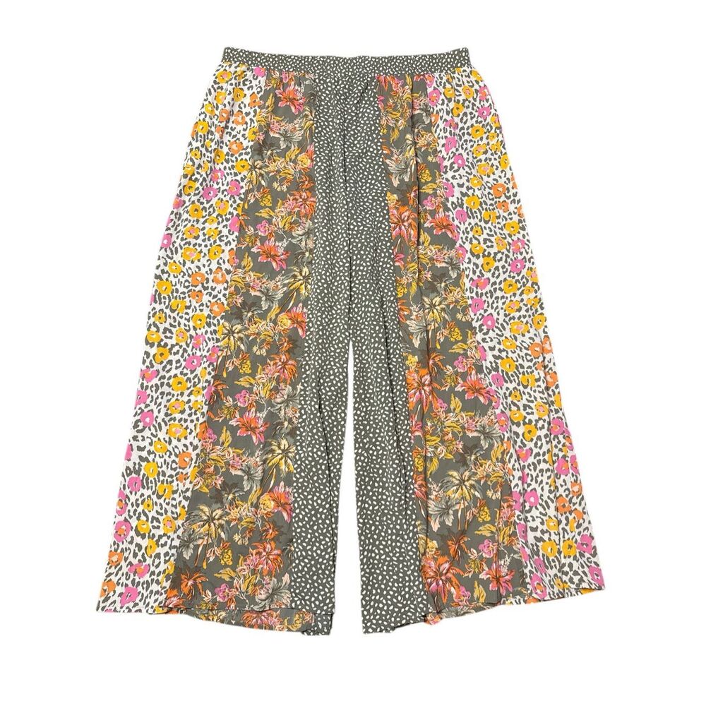 Cato Wide Leg Patchwork Floral & Animal Print Pants - Green, Pink, Yellow